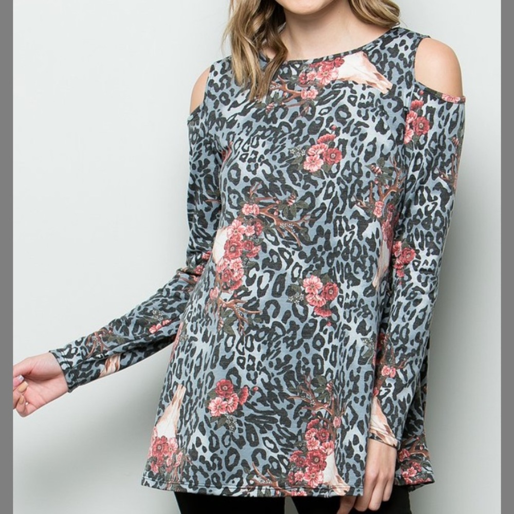 Blue Camo Asymmetric Shoulder Cutout Tunic